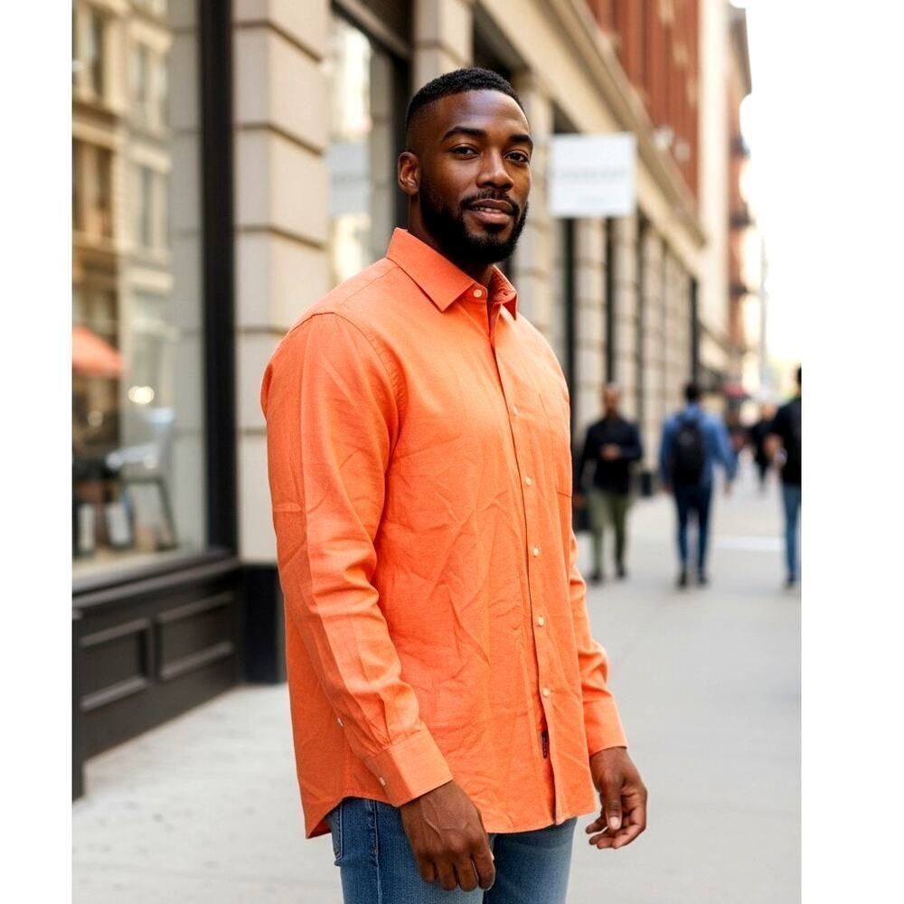 Sharp TOMMY HILFIGER Men's Burnt Orange Slim Fit Dress Shirt - Size 17.5 Neck